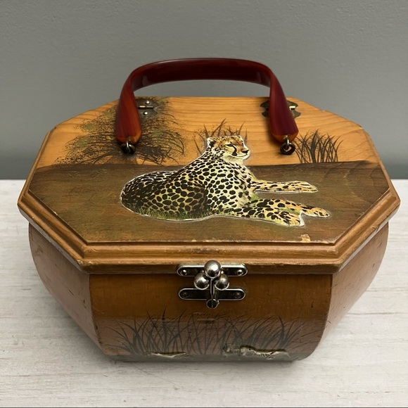 Hand Crafted Handbags - Vintage Safari Wooden Decoupaged Purse Case with Lucite Handle Artist Signed